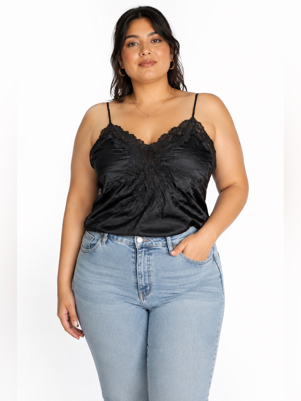 80s/90s European Vintage Silk Lace Trim Cami w Braided Straps (Black) Size L/XL